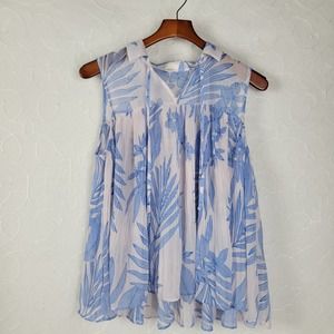 Lauren Conrad Womens Blouse Size M White Blue Tropical Floral Baby Doll Blouse
